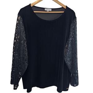 Calvin Klein Velvet Blouse Womens 3X Black Lace Long Sleeve Y2K Whimsygoth Fairy